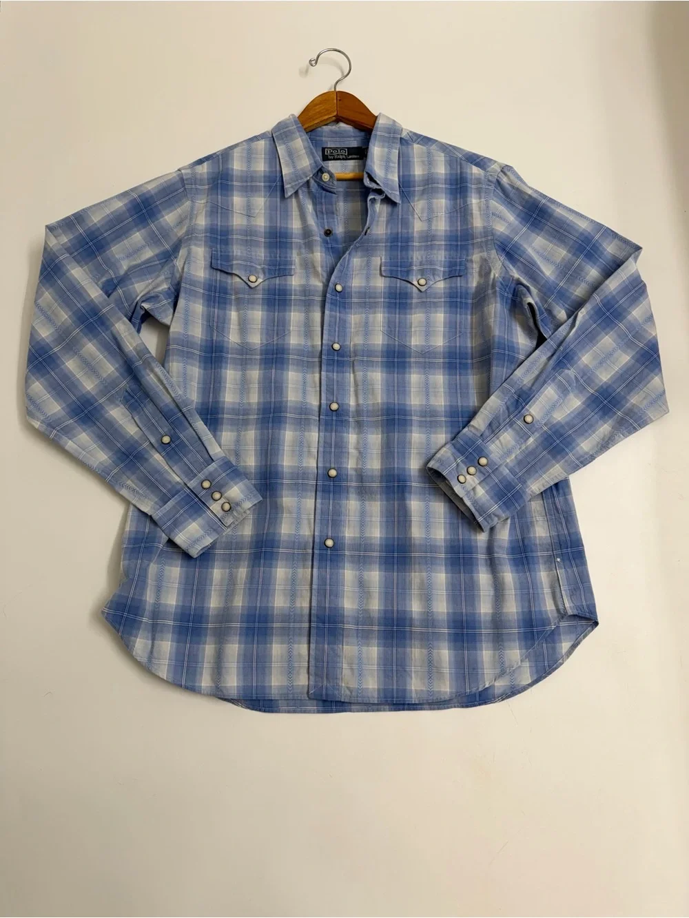 Vintage 90s Polo Ralph Lauren Western Shirt L Pearl Snap Blue Plaid Cowboy